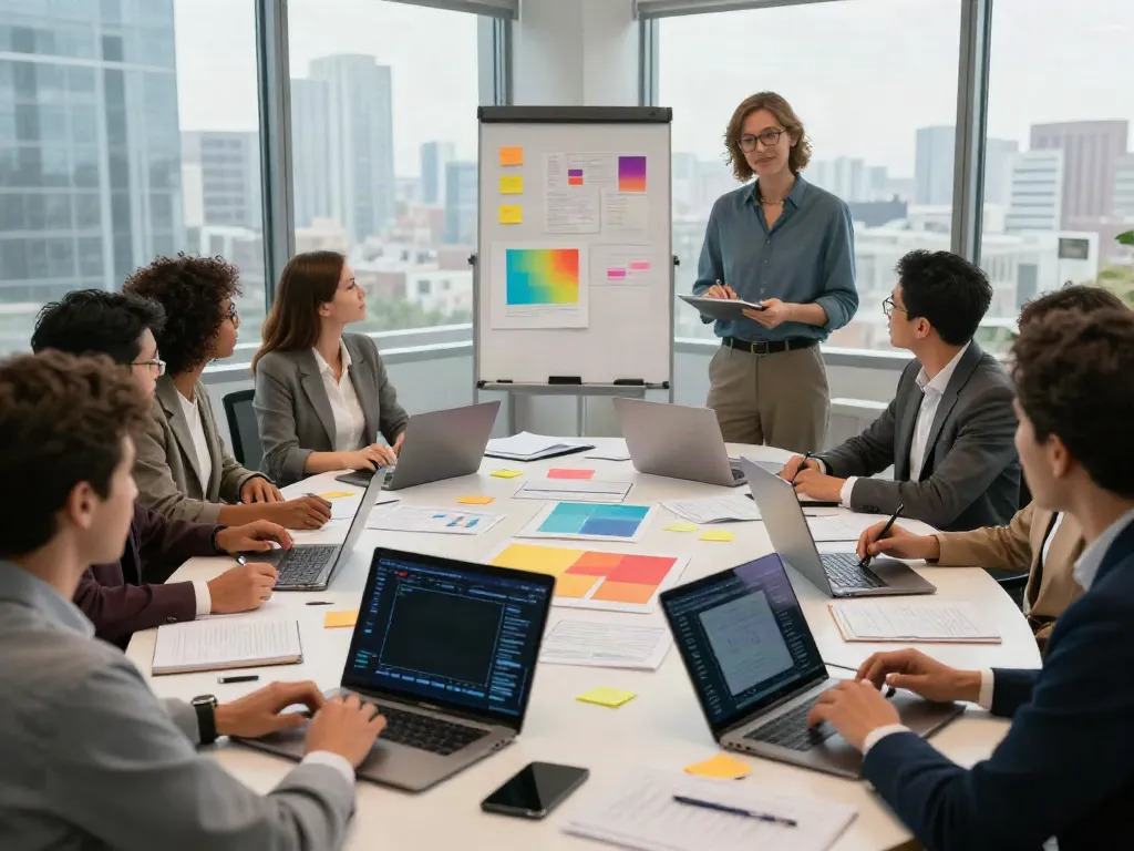 Team collaboration in a bright conference room illustrating innovative brainstorming session.
