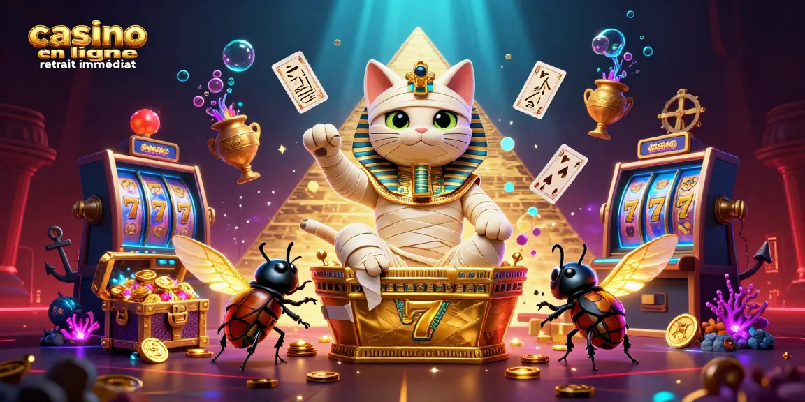 Le casino en ligne retrait immédiat prend vie avec un chat momie égyptien et des cartes flottantes.