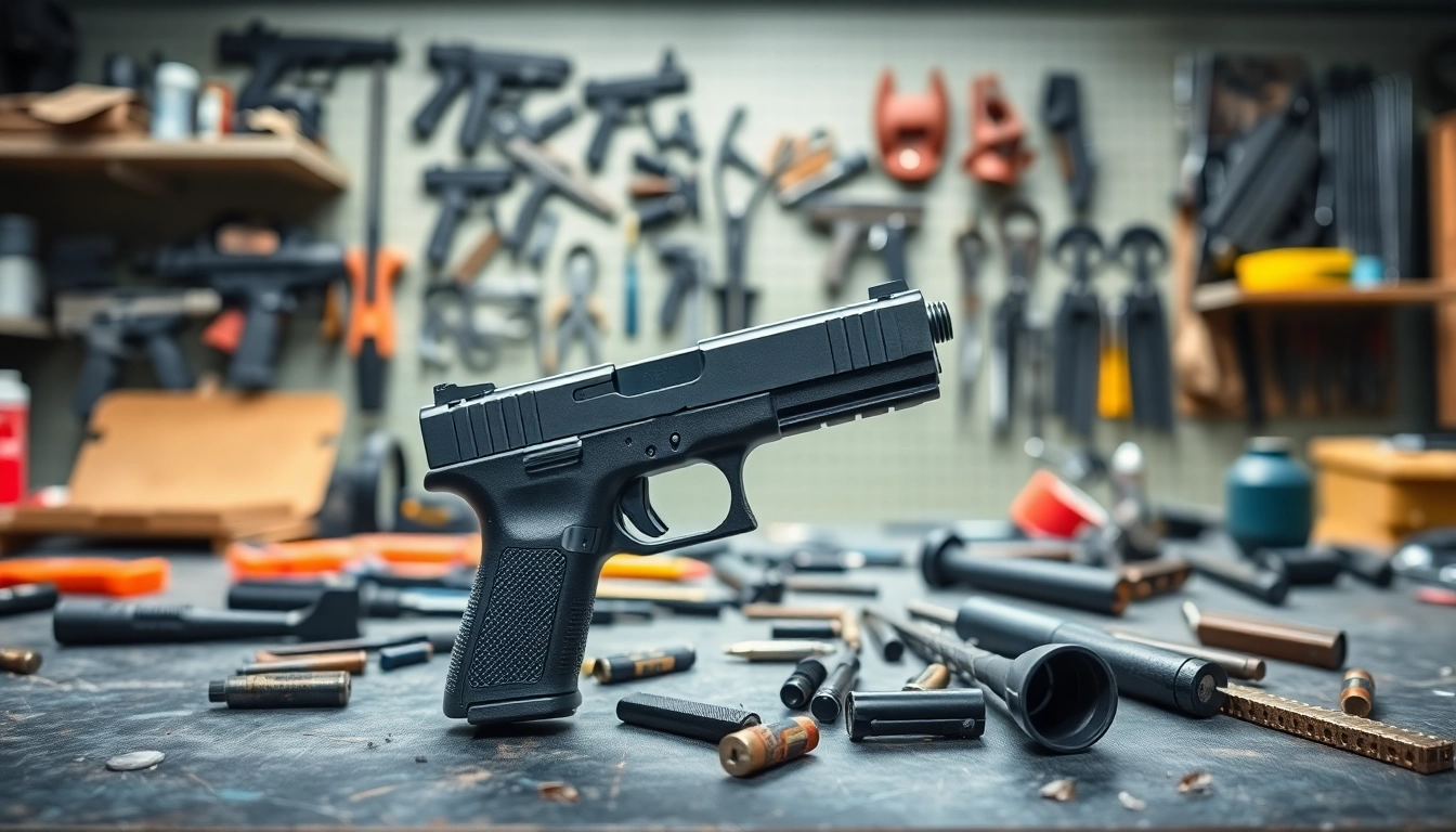 Highlighting the glock 48 complete slide on a workbench with tools, showcasing its features and details.