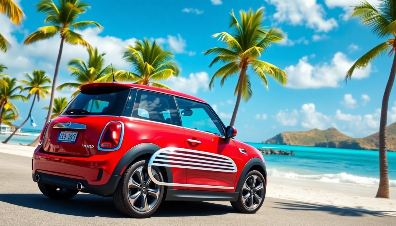 Rent mini cooper st barts, enjoy a stunning red Mini Cooper on a beautiful St. Barts beach.
