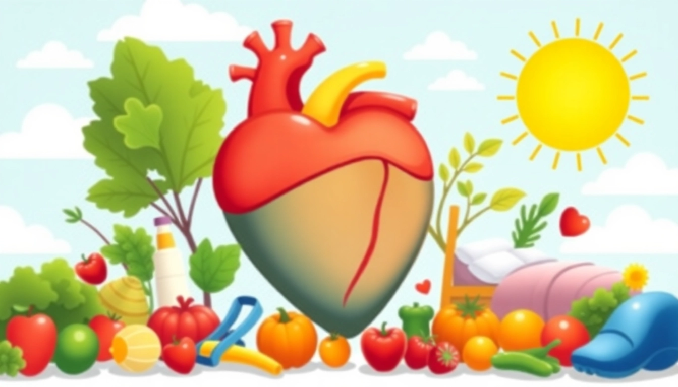 Engaging visual depicting Heart Health Tips with fresh vegetables, fruits, and exercise elements.