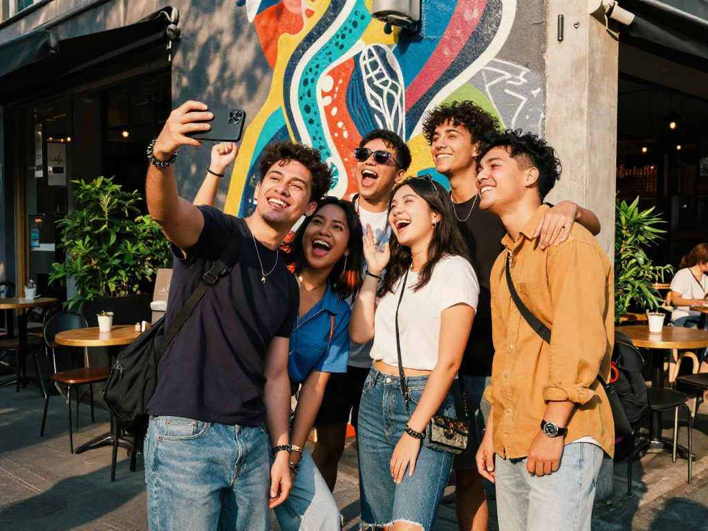 Group of friends enjoying a day out, capturing how old do I look in a trendy urban setting with colorful outfits.