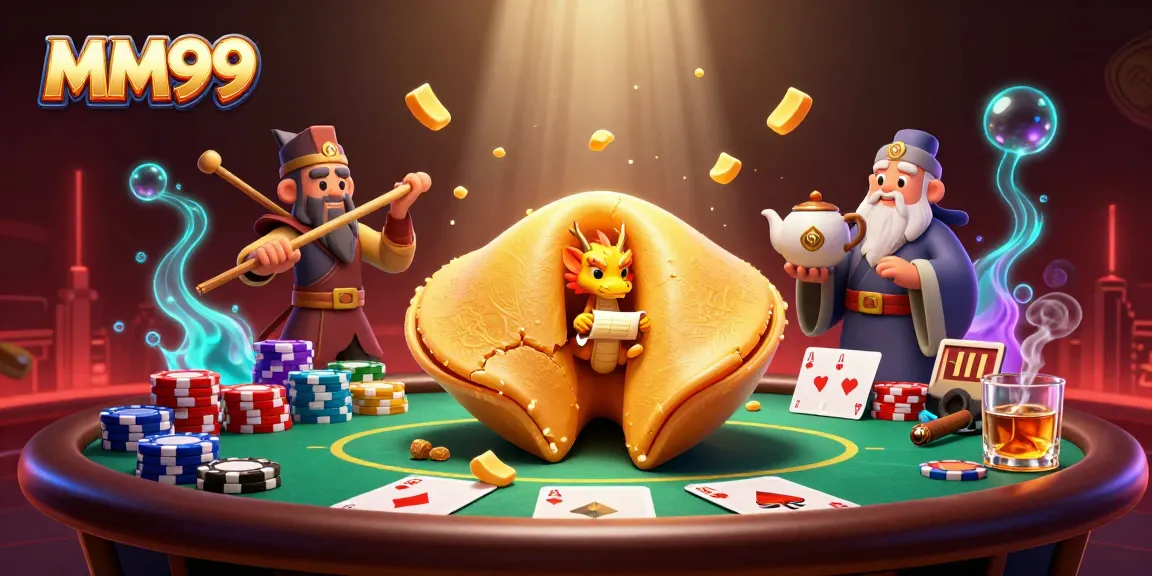 MM99 players engage in a vibrant poker scene with fortune cookie and dragon elements, enhancing the gambling experience.