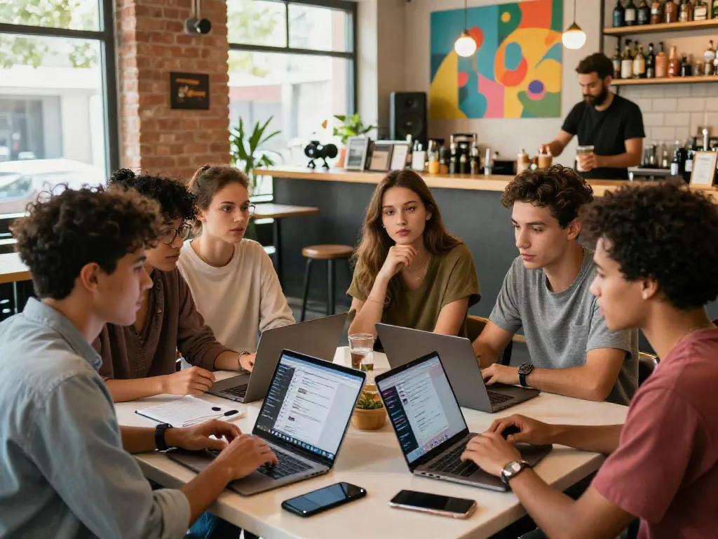 Group discussing onlyfans leaks in a trendy café setting.