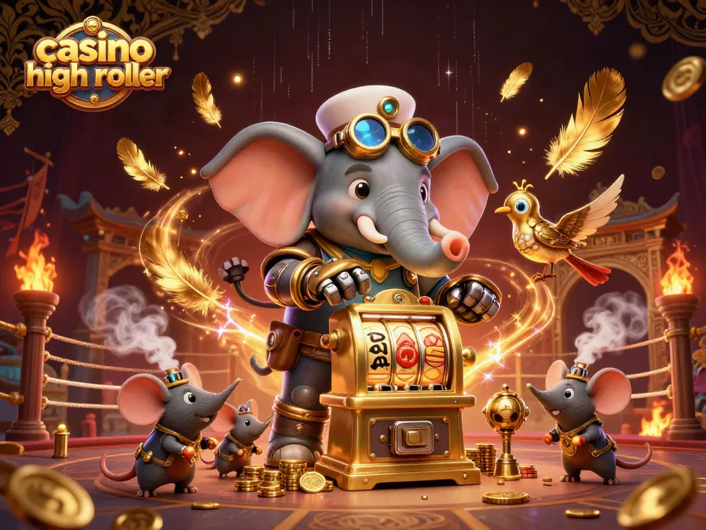 Spin the golden slot machine with excitement at a casino high roller venue surrounded by vibrant gaming elements.