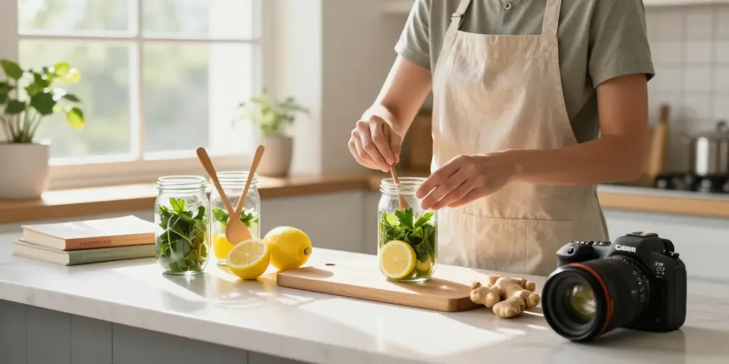 Livpure review of a healthy detox drink preparation featuring fresh herbs and fruits in a bright kitchen.