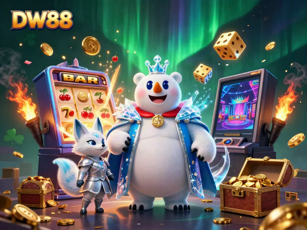 Experience the thrill of winning at DW88 with vibrant 3D casino elements featuring a polar bear and a snow fox.