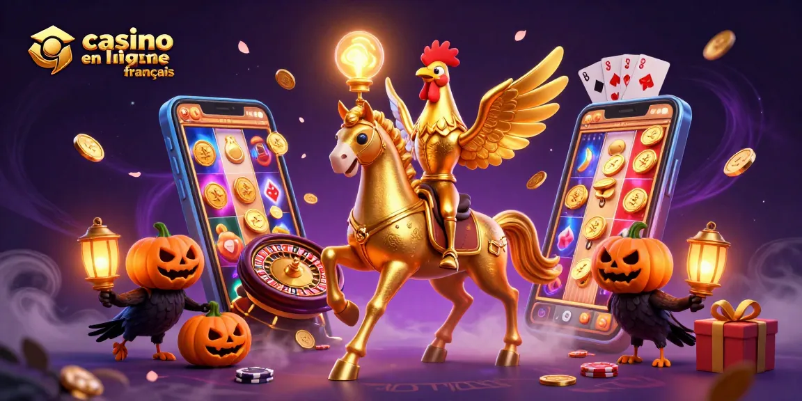 Illustration dynamique de casino en ligne français, avec des personnages de jeux captivants et des éléments de jeux variés.