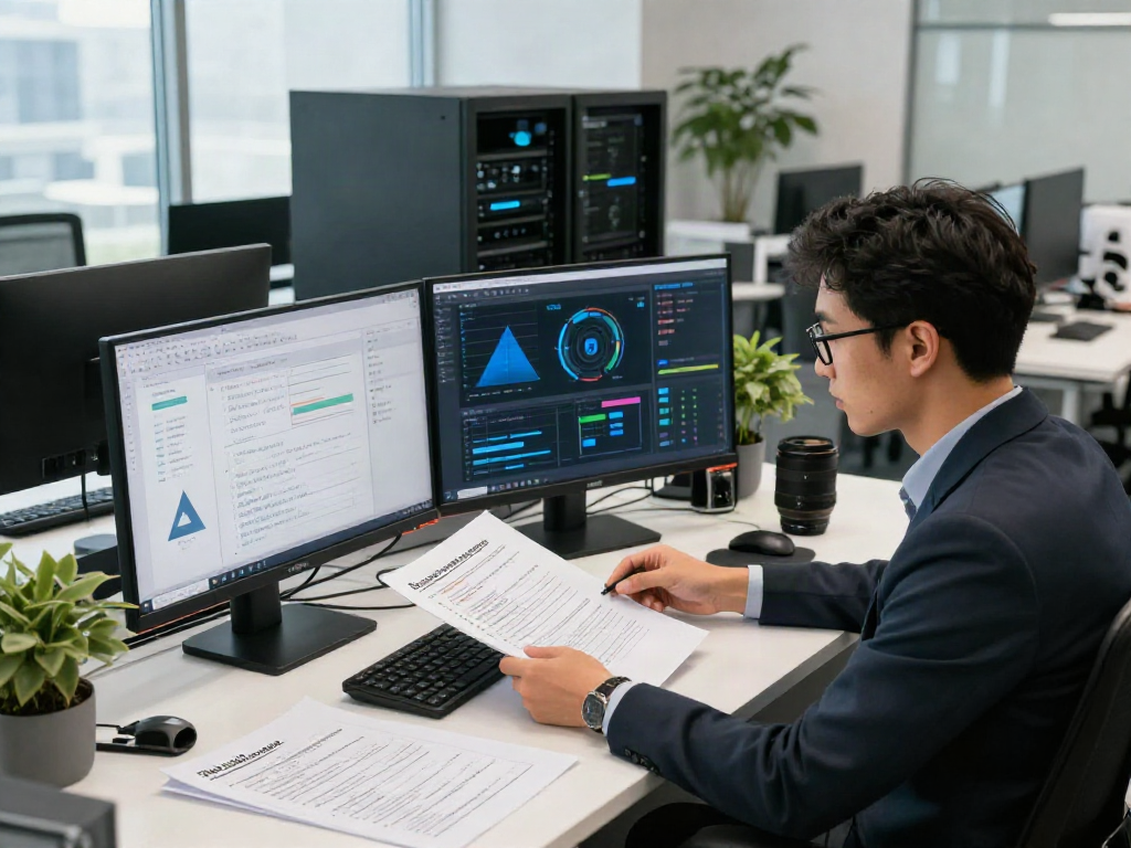 Data scientist analyzing document fraud detection software in a modern office.