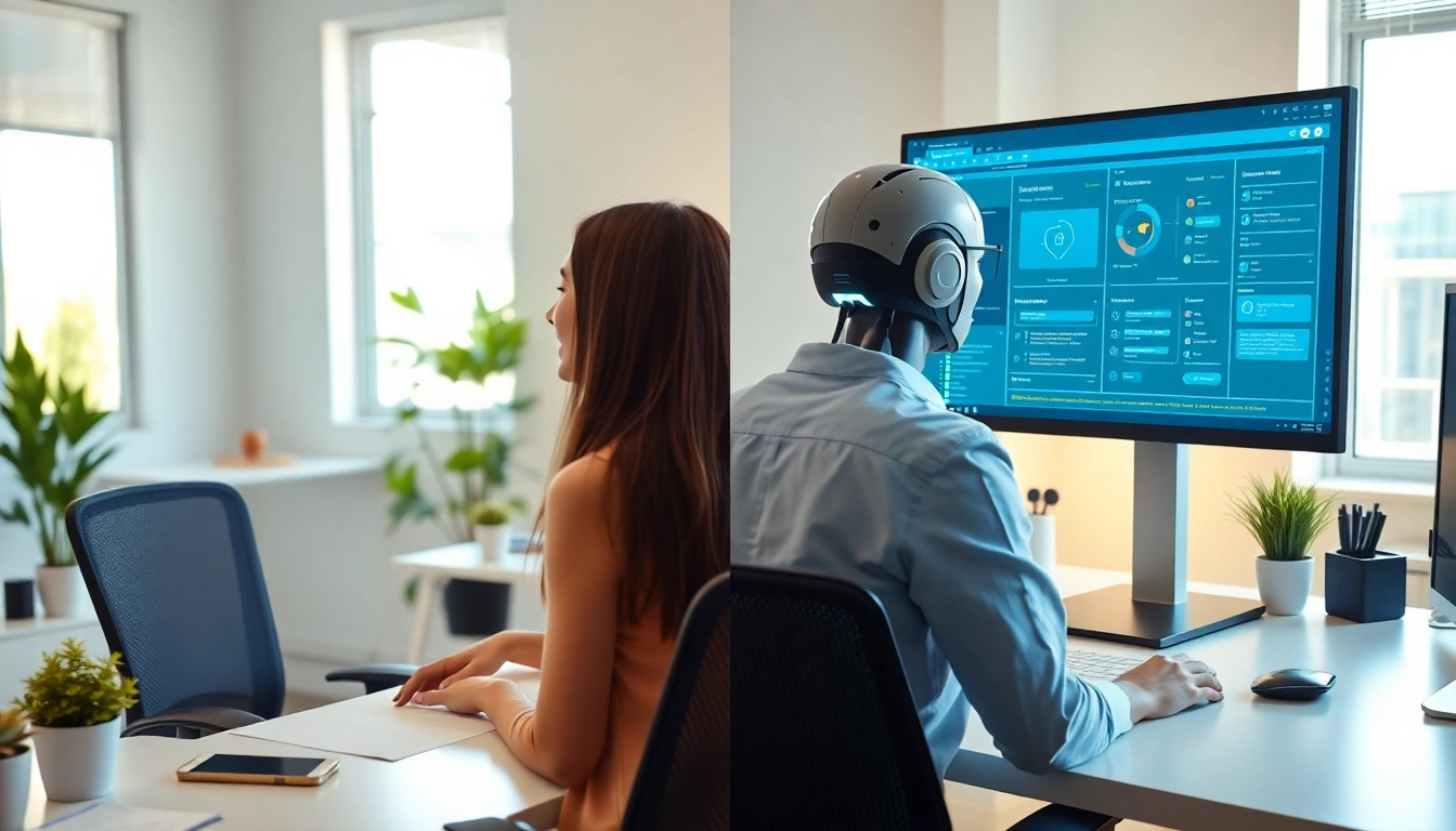 Replace executive assistant with AI showcasing a human assistant and AI interface working in tandem.