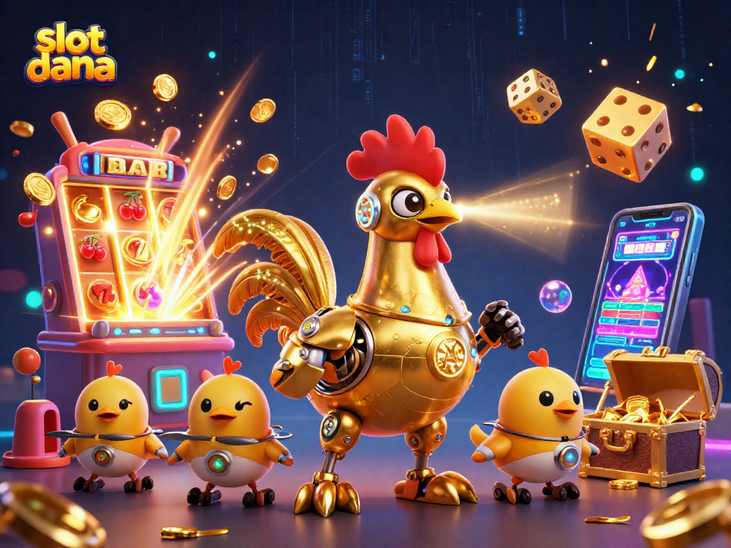Experience thrilling gameplay at slot dana with a dynamic scene featuring a golden rooster robot and baby chick drones.