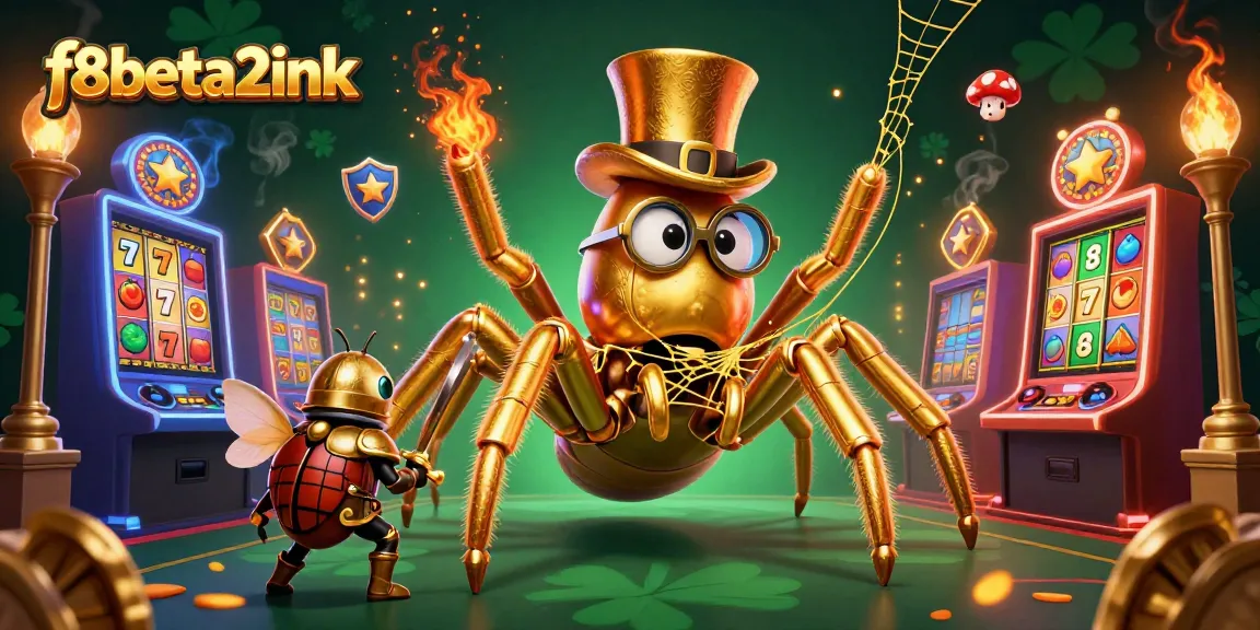 f8beta2ink showcases a vibrant 3D illustration of a golden tarantula weaving casino magic amidst thrilling slot games.