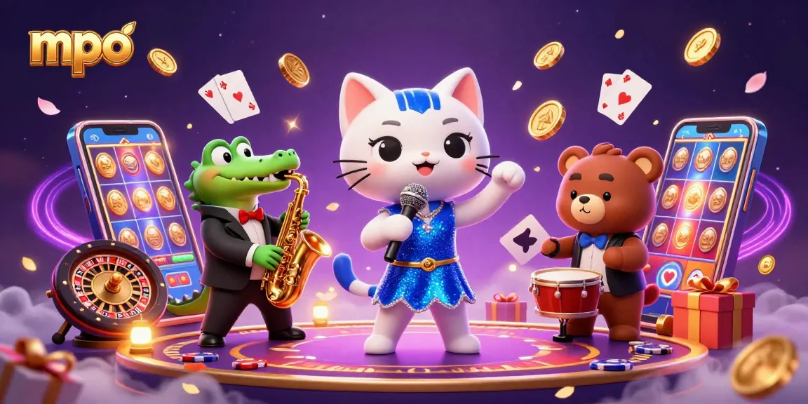 Experience the thrill of mpo gaming with lively characters entertaining at a vibrant casino stage.