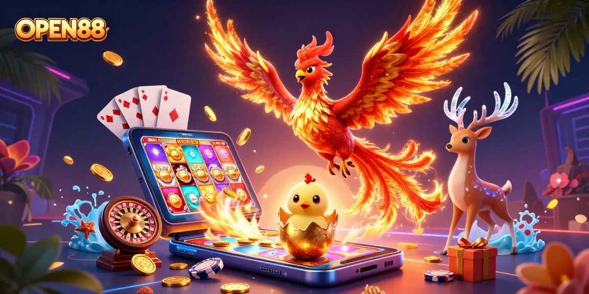 Spin and win at OPEN88, featuring a vibrant phoenix scene showcasing exciting gaming elements.