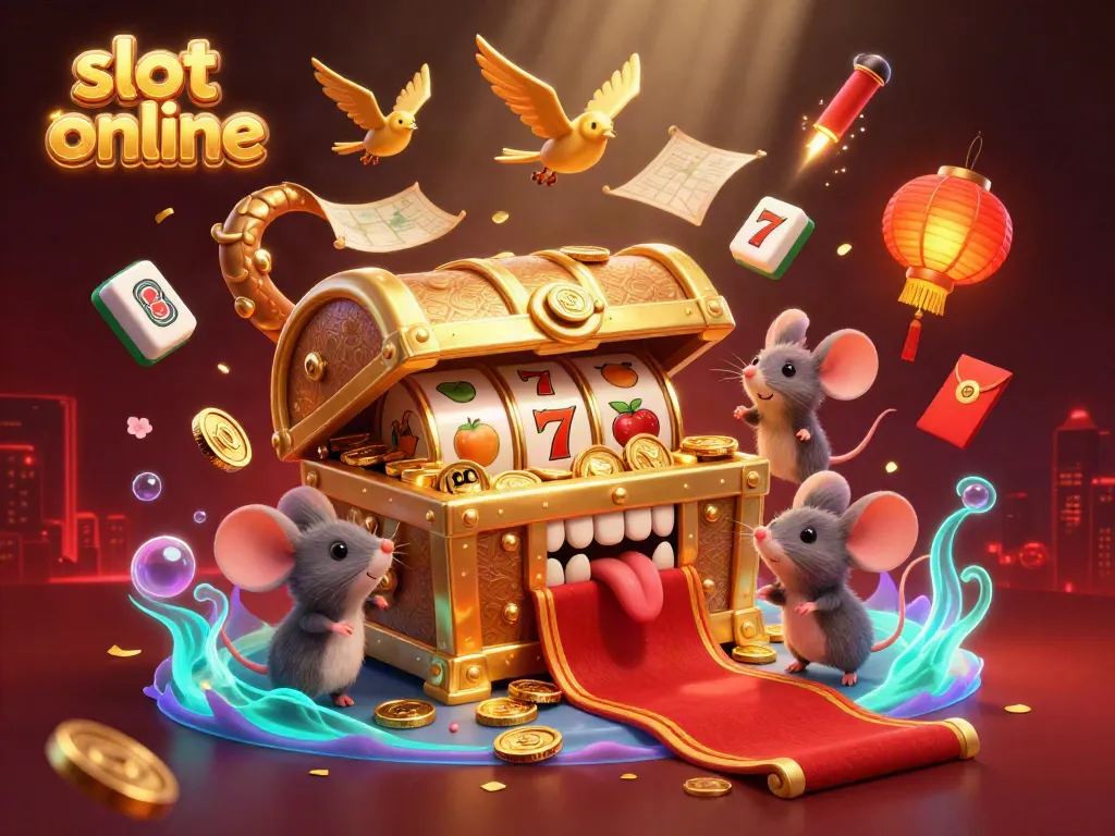 Spin the reels of exciting slot online games as treasure awaits in this vibrant illustration.