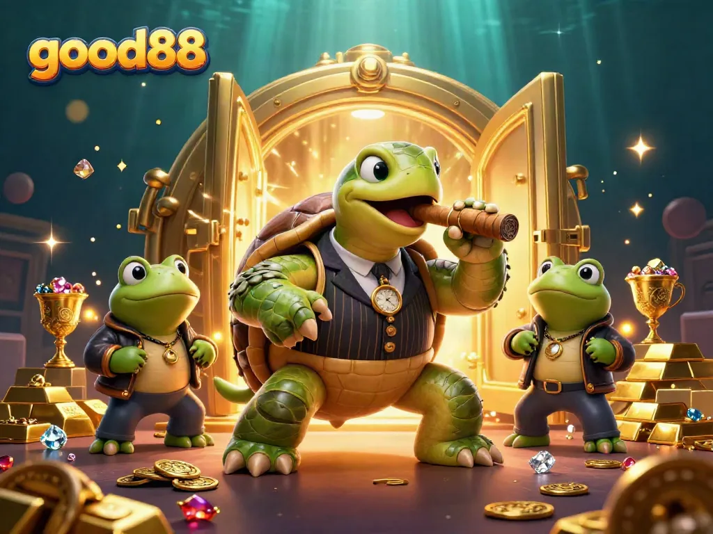 Experience electrifying fun at good88 with a cartoon turtle mobster and frog enforcers amidst casino treasures.