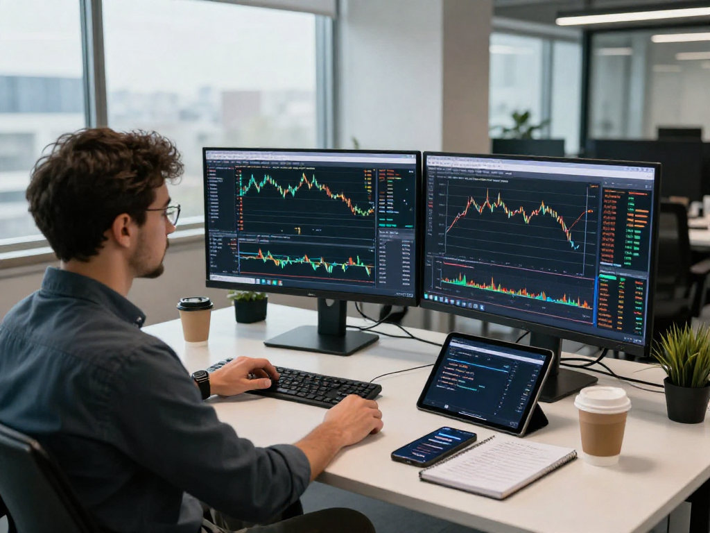 在现代办公环境中，一名交易者利用MetaTrader 5进行市场分析，显示出多重交易活动和工具。