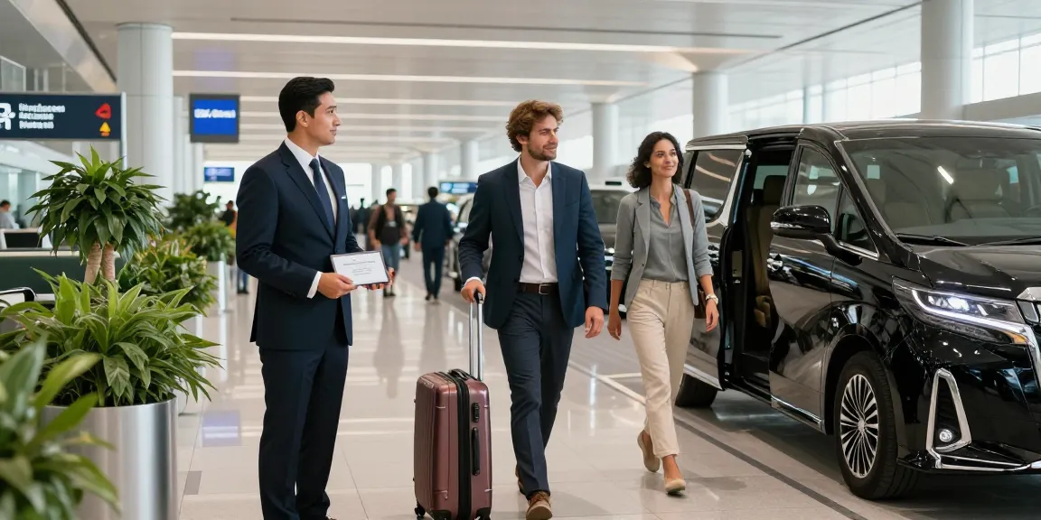 Airport Transfers Service Dubai with professional chauffeur greeting traveler at arrivals in luxurious terminal.