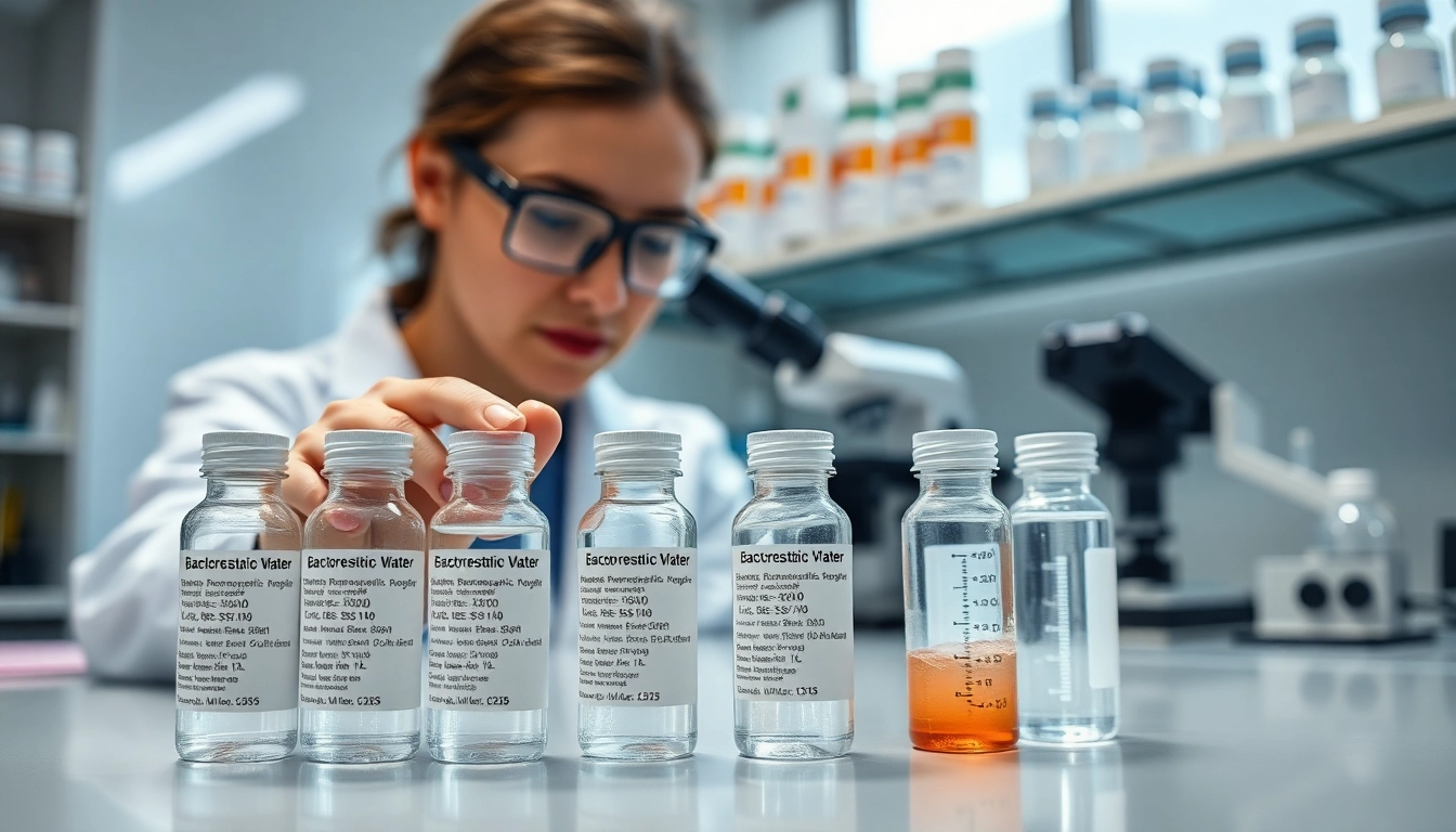 Examine hospira bac water in a lab with detailed vials and scientific equipment.