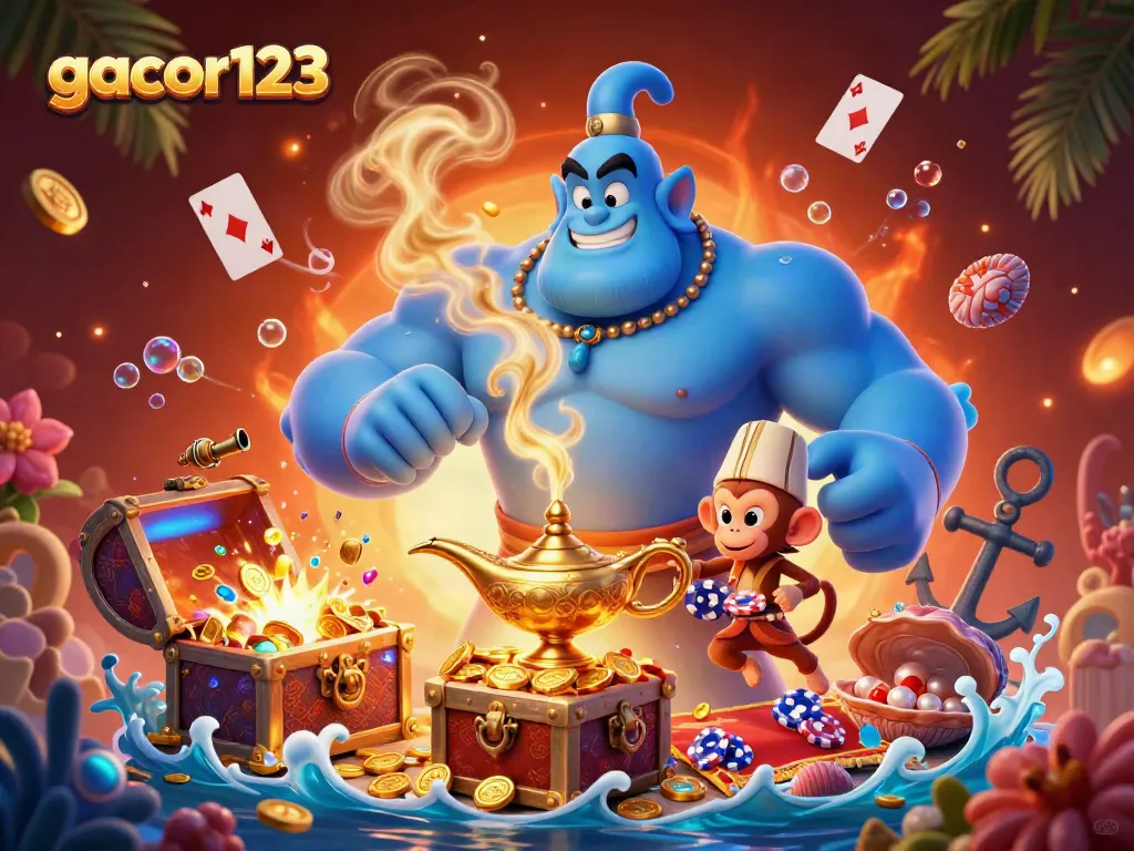 Engage with gacor123 and win big in this vibrant casino scene featuring a magical genie, treasure, and poker chips.
