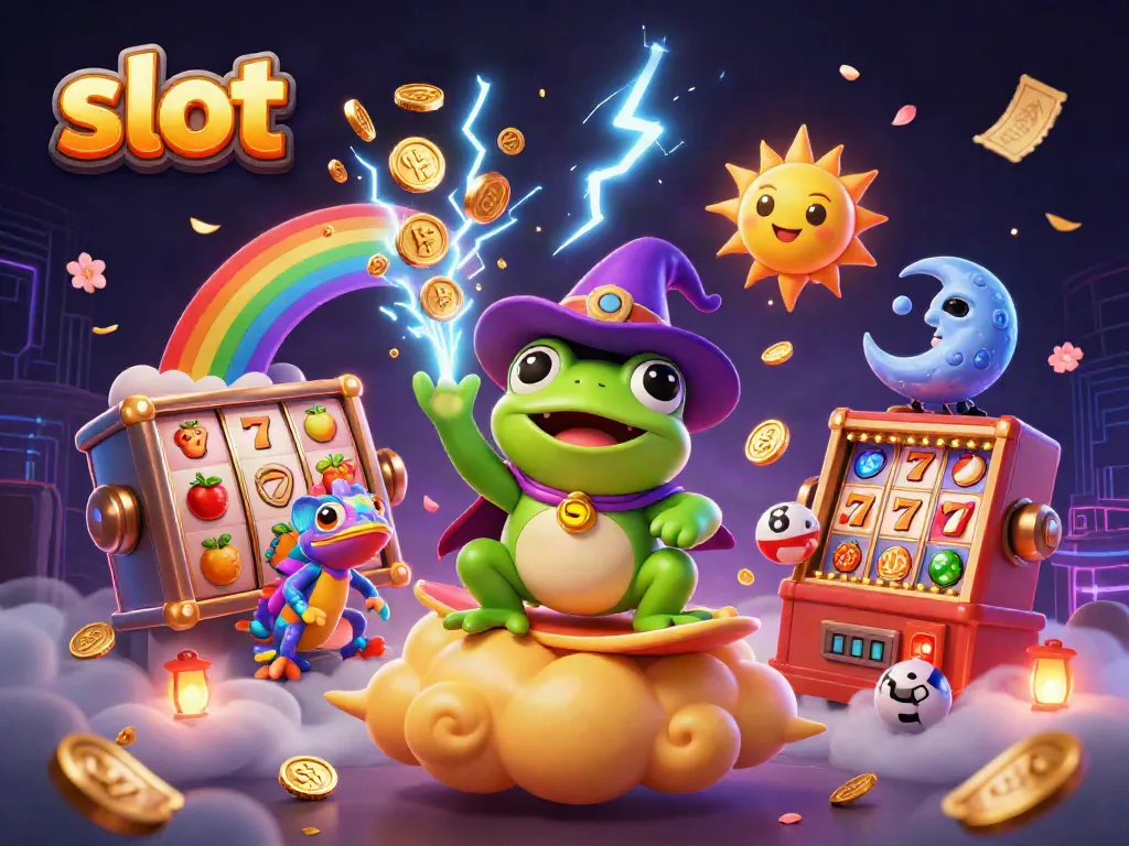 Mesin slot menciptakan kegembiraan dengan simbol berwarna-warni dan karakter fantasi di sekelilingnya.
