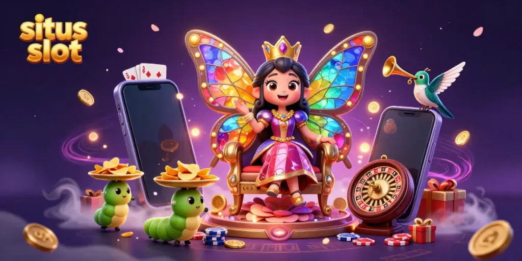 Ilustrasi 3D situs slot menampilkan ratu kupu-kupu dengan sayap bercahaya, membawa nuansa kasino yang magis.