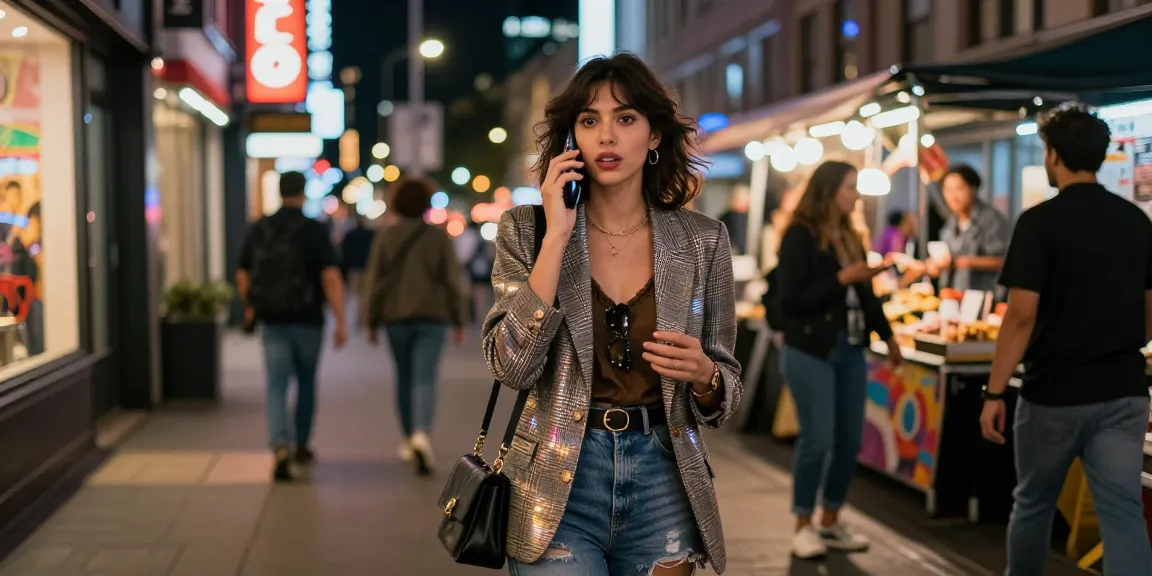 Phụ nữ tự tin trong bộ trang phục thời trang, gái gọi trên phố đông đúc với ánh đèn neon.