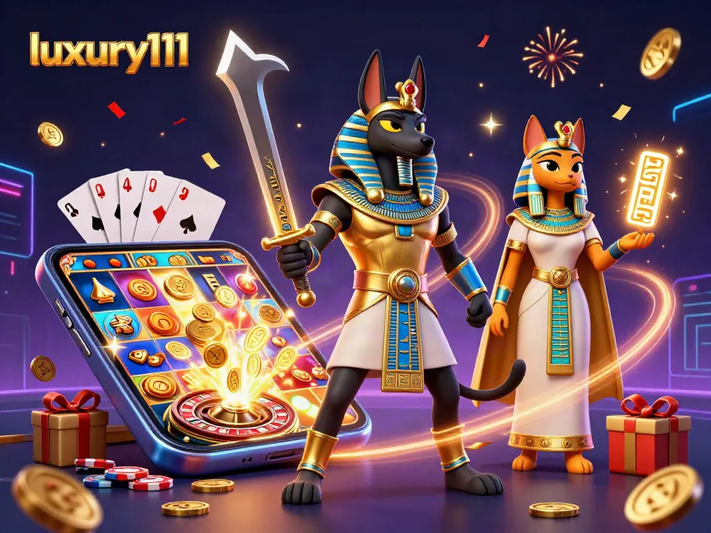 Experience exciting gameplay with luxury111's vibrant slot game features and Egyptian-themed characters.