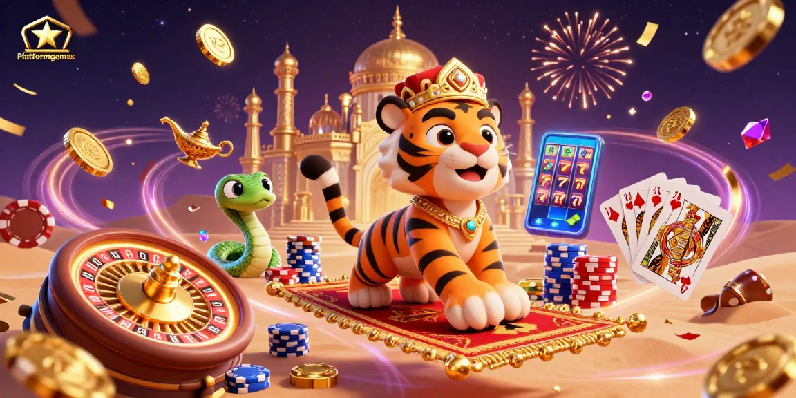 Engage with platformgames like never before in this vibrant Arabian Nights casino scene featuring a tiger sultan.