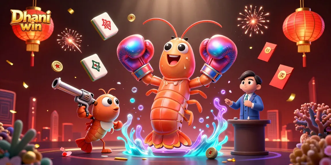 Dhani win features a playful 3D mantis shrimp and friends amidst dynamic casino elements, depicting an engaging gaming scene.