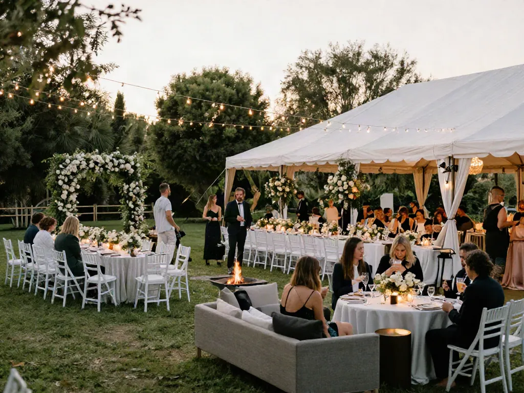 Event furniture rental setup for an elegant outdoor wedding with detailed decorations and a romantic atmosphere.