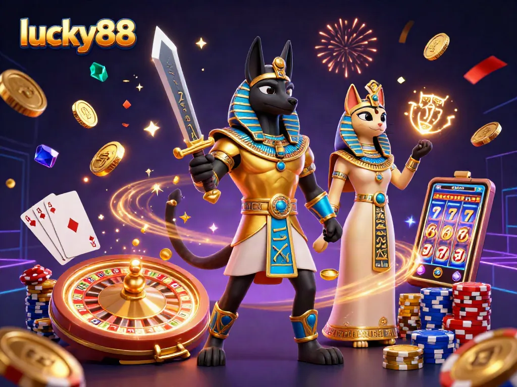 Engage with exciting casino action at lucky88 as Anubis and Bastet celebrate victories surrounded by treasures.