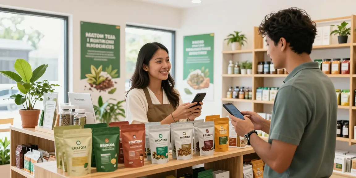 Explore top kratom brands at a vibrant retail space with diverse products and knowledgeable staff.