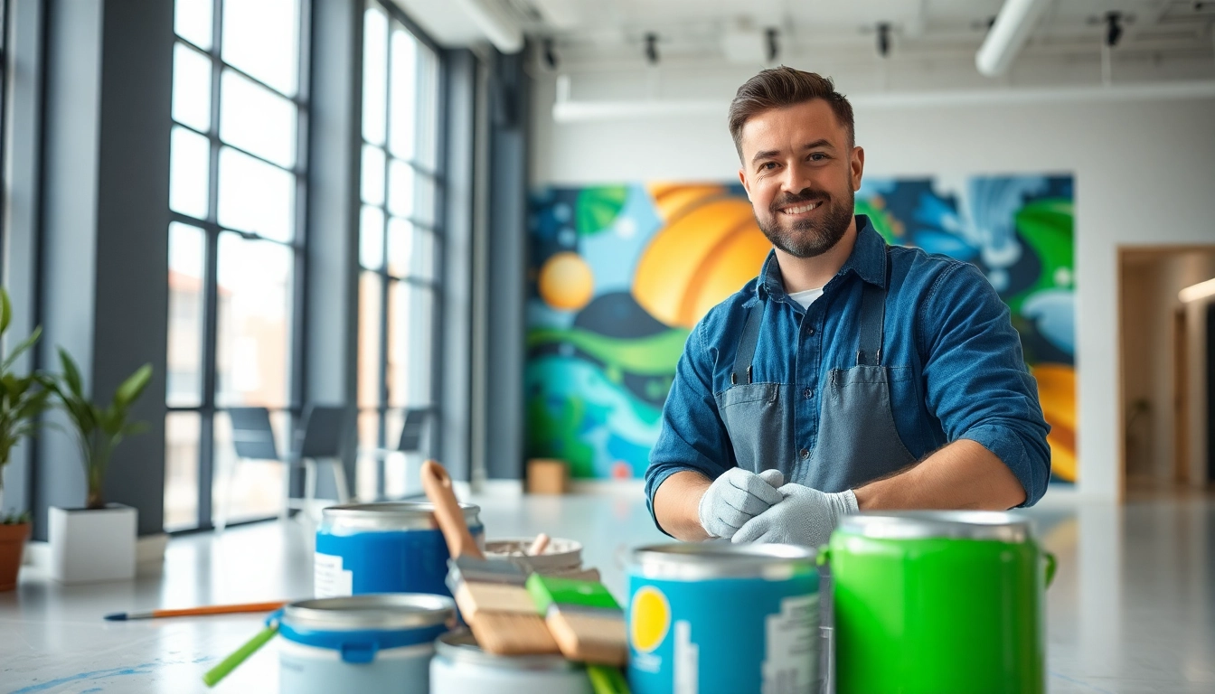 Commercial painter creating vibrant mural in modern office, showcasing professional artistry.