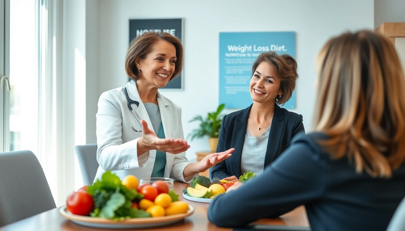 Nutritionist discussing a Weight Loss Diet plan with a client in a bright office.