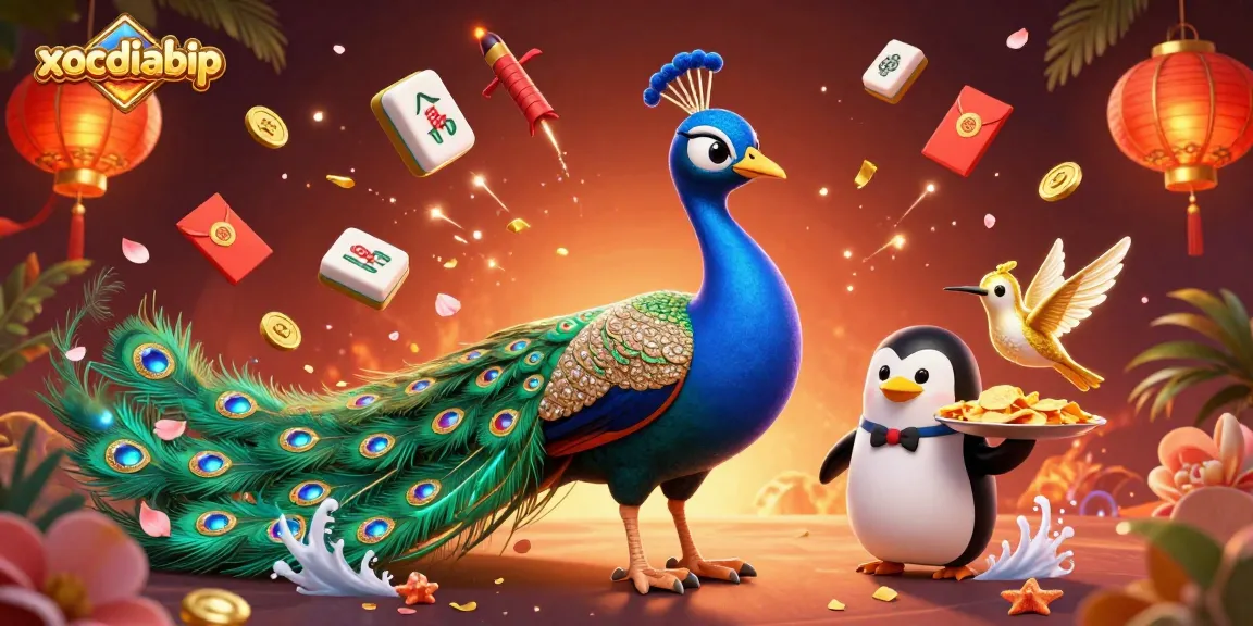 Engage with xocdiabip's vibrant 3D casino scene featuring a peacock, penguin, and golden hummingbird.
