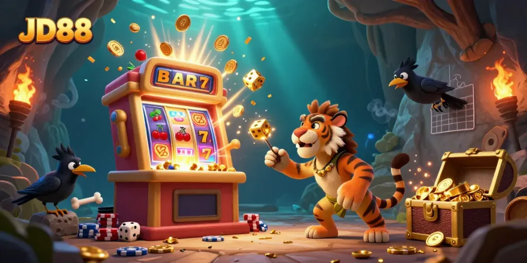 JD88 features a prehistoric casino scene with a caveman, saber-tooth tiger, and crow, showcasing vibrant gambling activity.