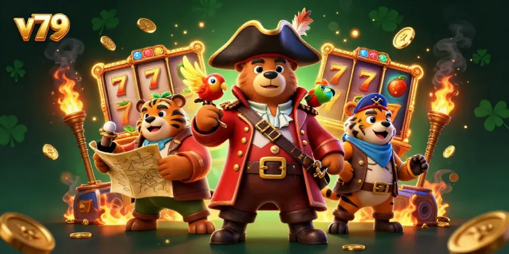 Experience the excitement of slots with v79 featuring a cartoon pirate bear and tiger amidst vibrant casino elements.