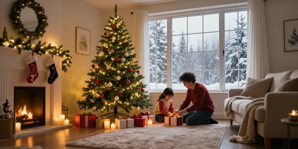 Slim Christmas tree decorated with lights and ornaments in a cozy living room during the holiday season, creating a festive atmosphere.