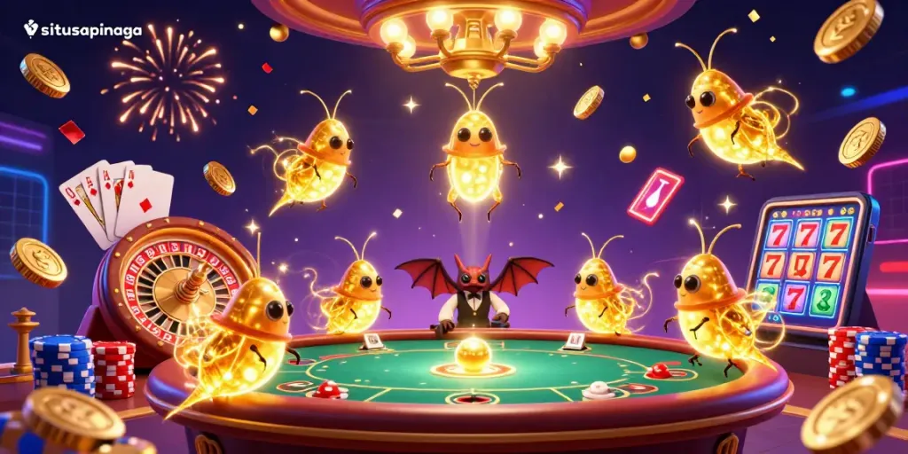 situsapinaga casino scene with glowworms lighting a poker table and gold coins cascading.