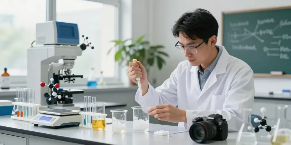 آزمایشگاه بررسی اسید استئاریک با شیشه‌های آزمایش و تجهیزات شیمیایی