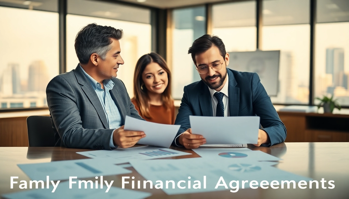 Couple reviewing Family Law Financial Agreements documents in a modern office.