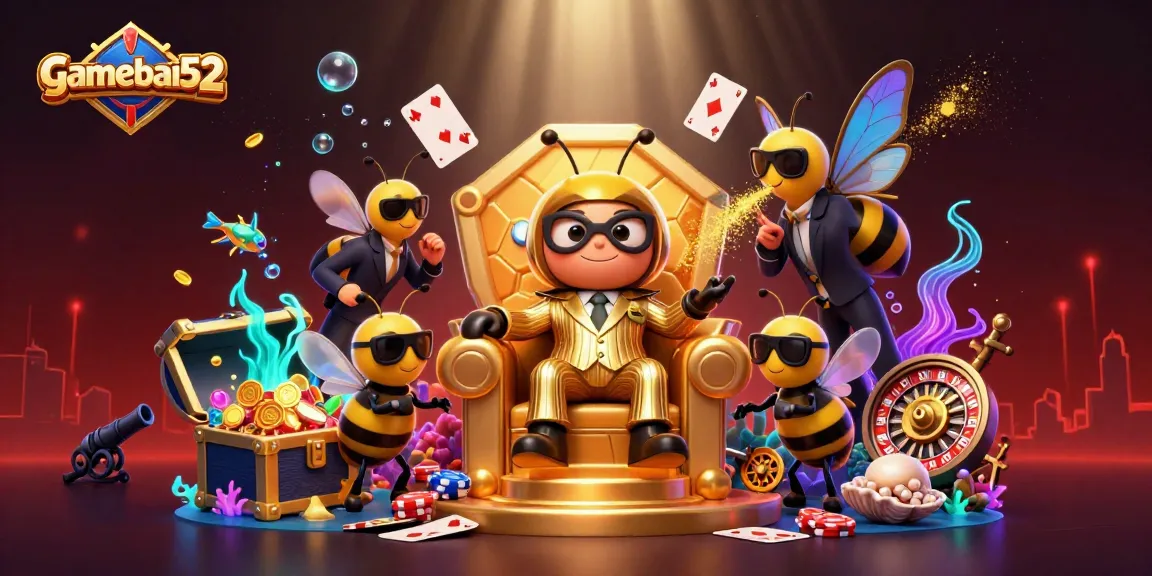 gamebai52 showcases a thrilling poker scene with a bumblebee mob boss and dynamic casino elements.