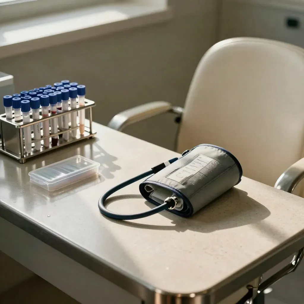 Preventive screening corner with blood-pressure cuff, specimen rack, swab tray, and vinyl chair.