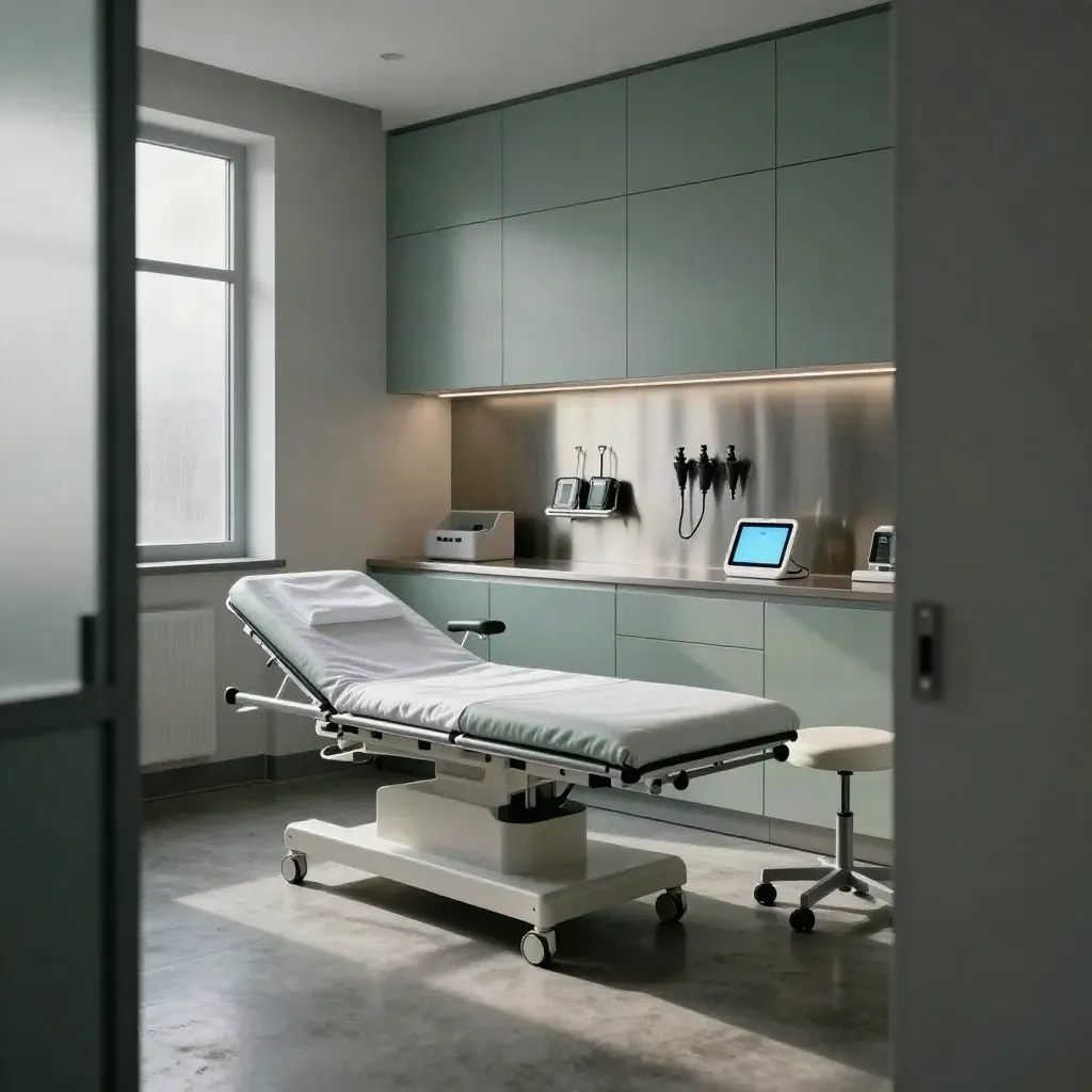 Moody primary care exam suite with bed, diagnostics, and glowing telehealth tablet at dawn.