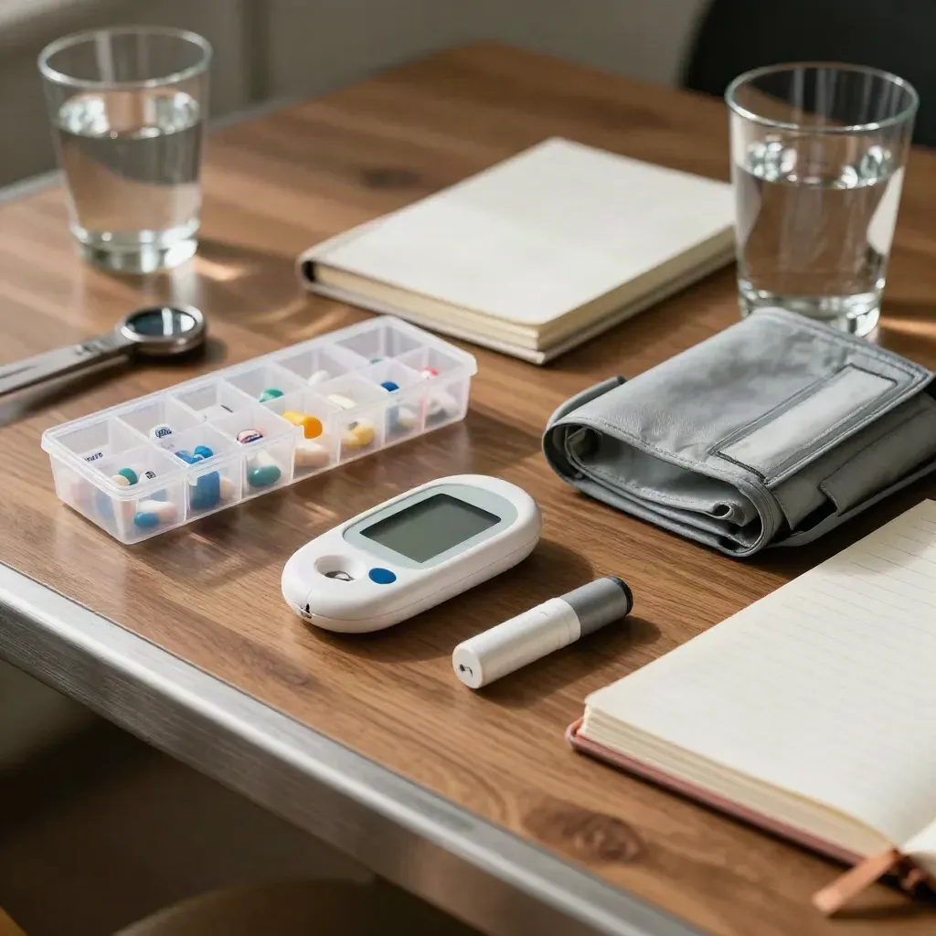 Walnut tabletop with pill organizer, glucometer, blood-pressure cuff, refill case, and closed notebook.
