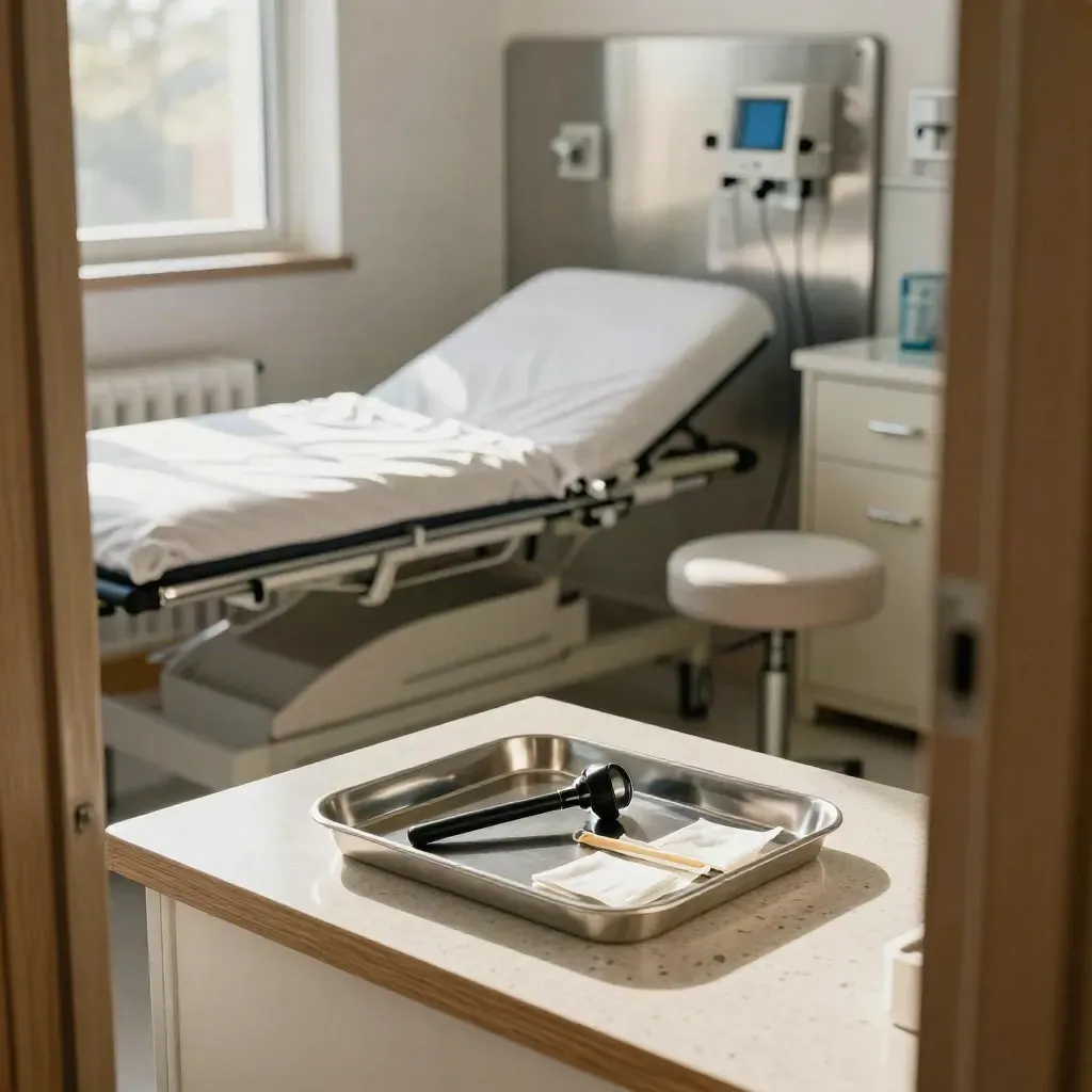 Sunlit primary-care exam room with bed, diagnostic wall set, stool, cabinet, and stainless tray.