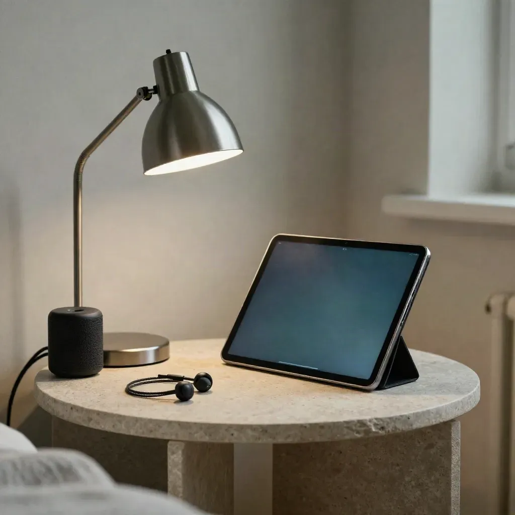 Moody telehealth nook with glowing tablet, earbuds, speaker and lamp on a stone side table.
