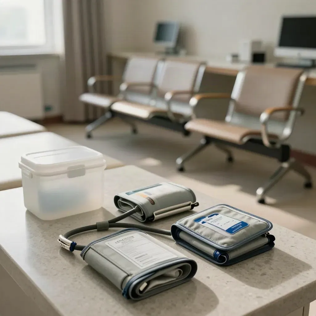Clinic room reset with twin wellness kits, parked cuffs, closed vaccine cooler, and aligned chairs.