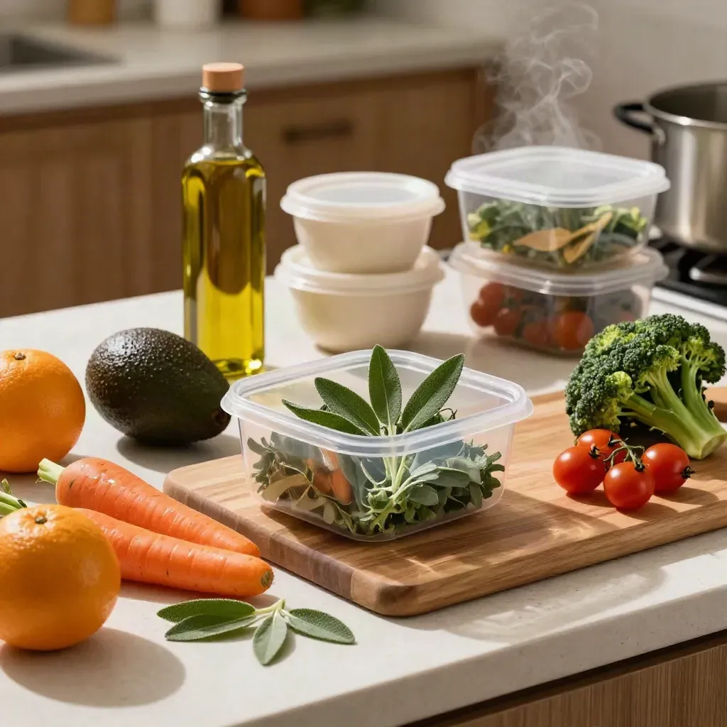 Macro kitchen prep with produce, olive oil, bowls, and meal containers for nutrition guidance.